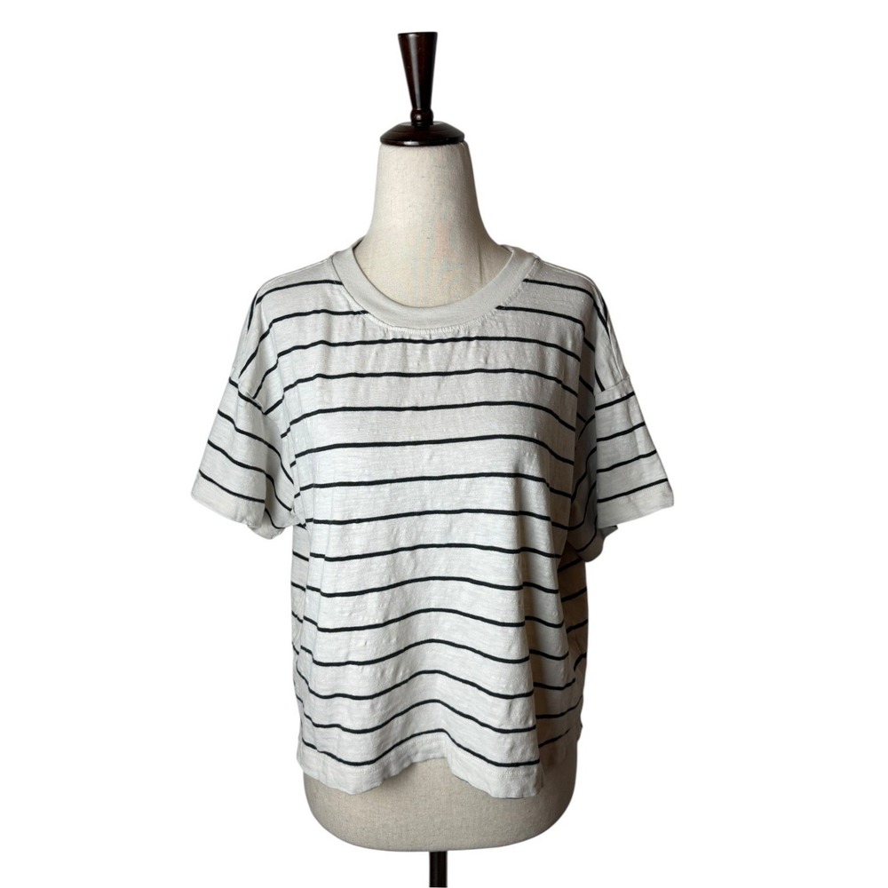 Marine Layer Sadie Slub Crop Tee Women Small Ivory Black Striped Preppy Coastal - Picture 2 of 10